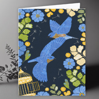 Agradecimiento Tarjeta en blanco de dibujo de aves azules y flore