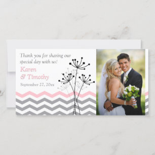 Agradecimiento Tarjeta fotográfica rosa, gris, Boda de Chevrons