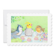 Tarjeta plana de fiesta del té de pájaros lindos