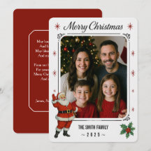 Tarjeta plana de Navidad con foto de Santa y famil