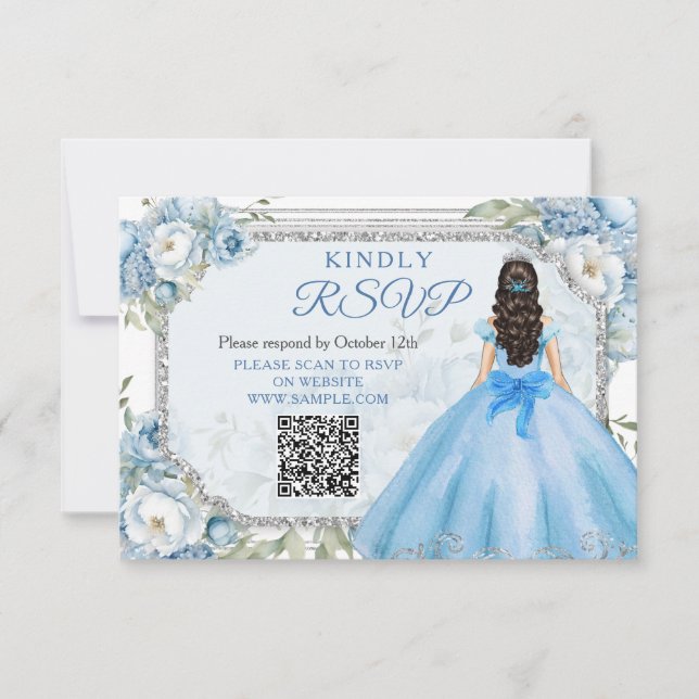 Agradecimiento Tarjeta Quinceañera QR Rsvp de la Corona Azul Flor (Anverso)