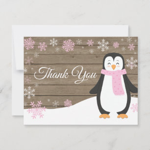 Agradecimiento Tarjeta rosa de copo de nieve pingüino de invierno