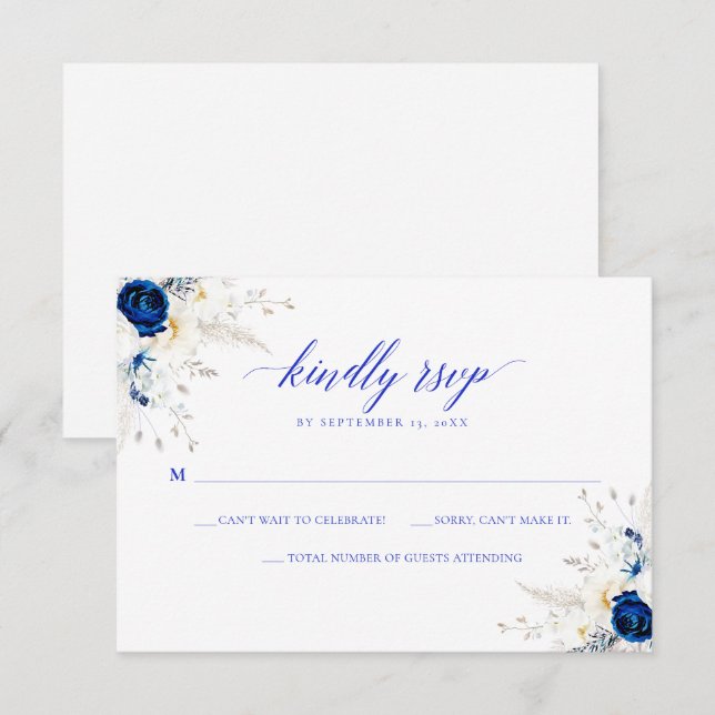 Agradecimiento Tarjeta RSVP de boda de caligrafía azul en horizon (Anverso / Reverso)