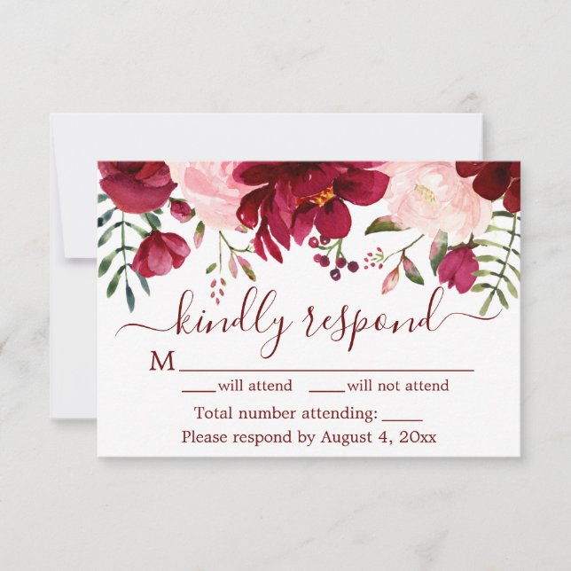 Agradecimiento Tarjeta RSVP de Boda Floral Borgoña (Anverso)