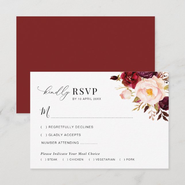 Agradecimiento Tarjeta RSVP de Boda Floral Moderna De Borgoña Y R (Anverso / Reverso)