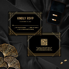 Agradecimiento Tarjeta RSVP de código QR de Boda Art Deco negro y