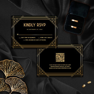 Agradecimiento Tarjeta RSVP de código QR de Boda Art Deco negro y