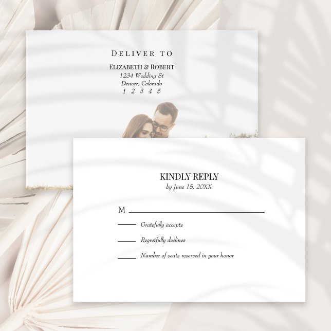 Agradecimiento Tarjeta RSVP de matrimonio de fotos de Personaliza (Black and White Custom Photo Wedding RSVP Card on a sunny white dry palm leaf.)