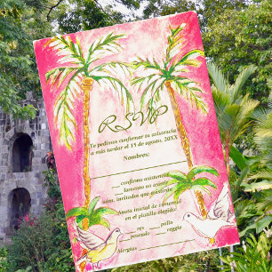Agradecimiento Tarjeta RSVP Rosada Tropical Española de Acuarela