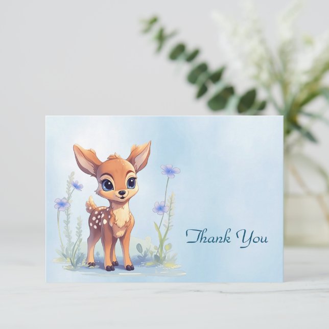 Agradecimiento Watercolor Baby Deer Blue Flowers Tarjeta de agrad (Anverso de pie)