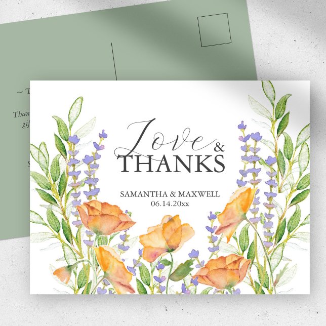 Agradecimientos acuáticos de la tarjeta (Bridal shower thank you postcard watercolor wildflowers by Victoria Grigaliunas )