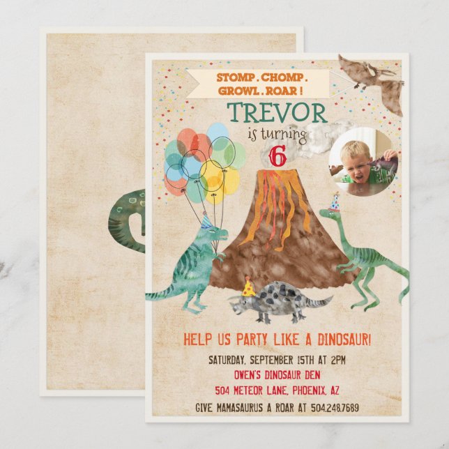AGREGAR FOTO - Invitación de cumpleaños de dinosau (Anverso / Reverso)