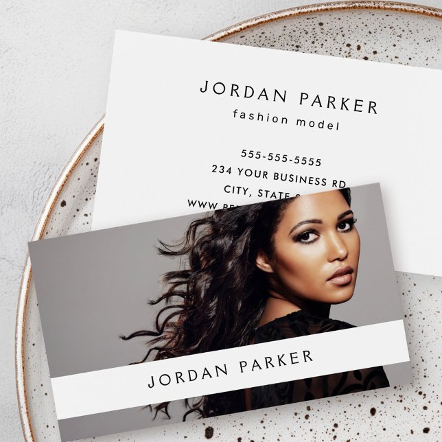 Agregar foto modelo de moda trendy tarjeta de pres (Add photo trendy fashion model white business card)