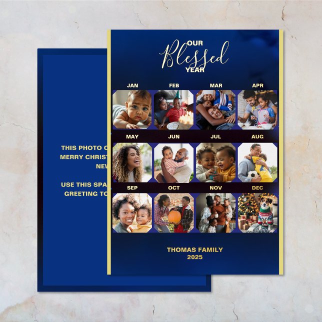 Agregar fotos tarjeta de vacaciones de año bendito (Add Photos Blessed Year Foil Holiday Card (front and back).)