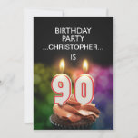 Agregar un nombre, 90ª invitación de fiesta de cum<br><div class="desc">Añade un nombre al personalizar de esta invitación única a la fiesta. Una divertida invitación a la fiesta de cumpleaños número 90 con felices números de velas ardiendo en un pastel de chocolate. Vea toda la gama de invitaciones y tarjetas en mi tienda.</div>