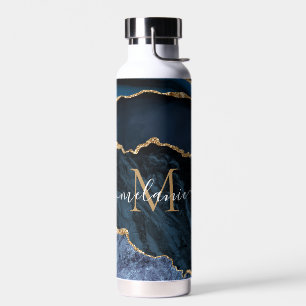 Agua Agate Blue Gold Marble Nombre Letra botella de agu