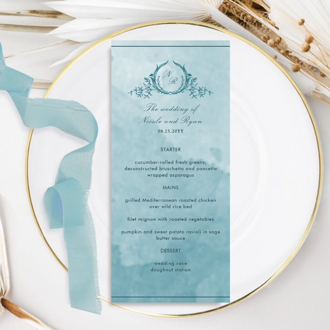 Agua azul de cristal de mar Menú Boda monogramado (Subido por el creador)