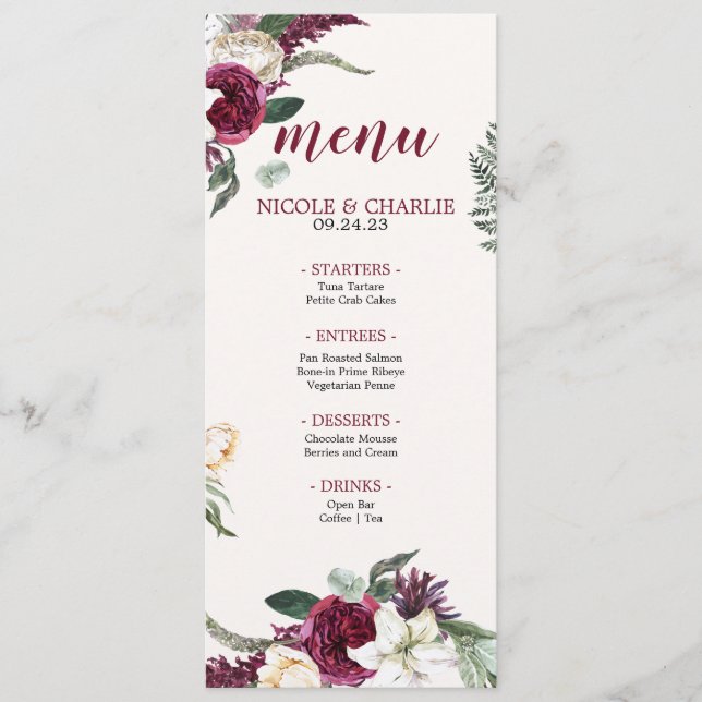 Agua de Borgoña | Menú de cena Boda floral (Anverso)