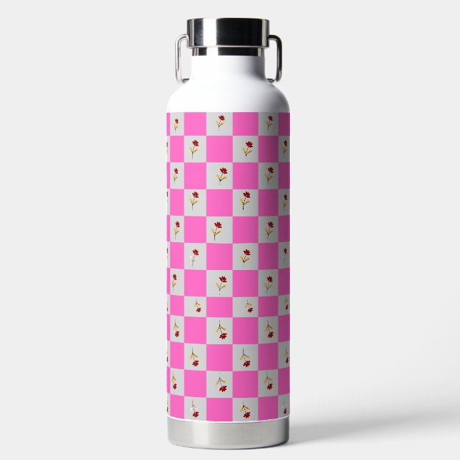 Agua Elegante Chic Rosa y Cuadro Blanco Con Botella De  (Delantero)