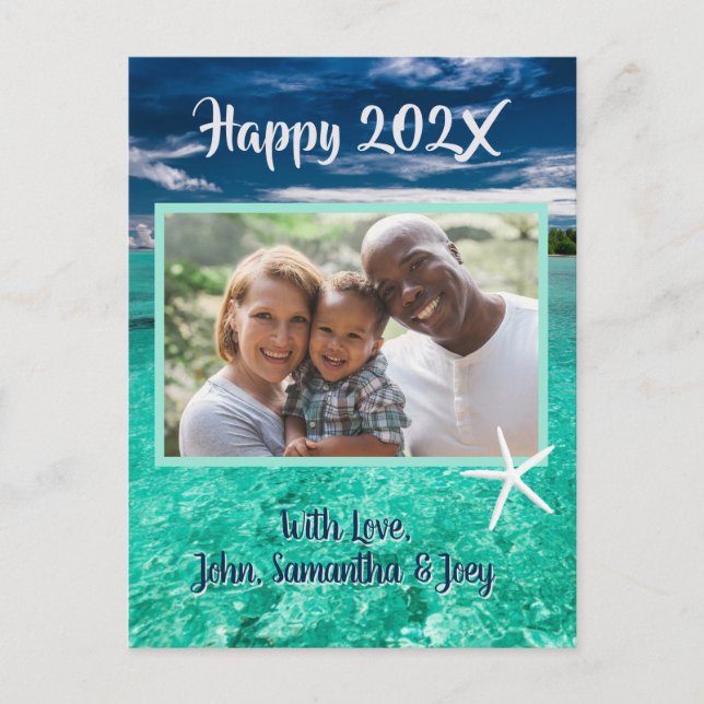 Agua turquesa, tarjeta postal de bienvenida de Año (Anverso)