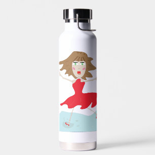 Agua una niña con una botella de vestido rojo feliz sal