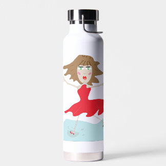 Agua una niña con una botella de vestido rojo feliz sal