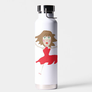 Agua una niña en una botella de vestido rojo