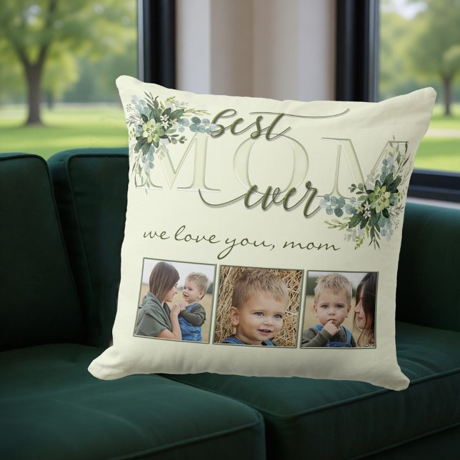 Agua verde deja a mamá foto almohada (Pillow featuring a stylized Mom text with green watercolor leaves and your own photos - Mother's Day)