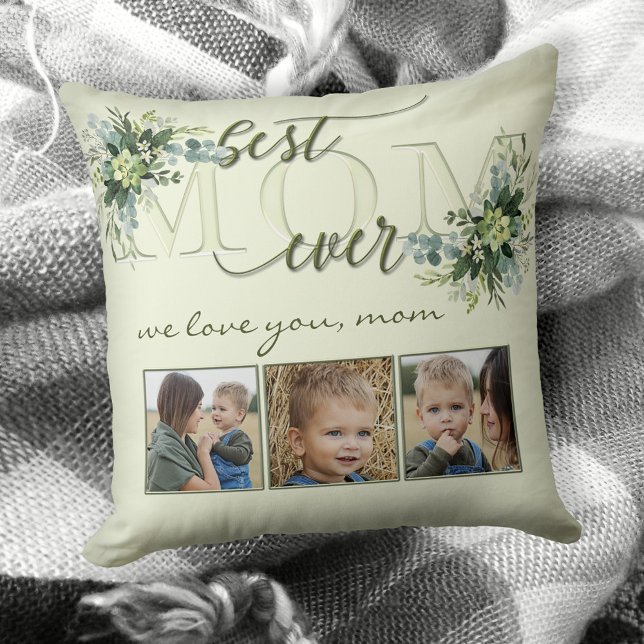 Agua verde deja a mamá foto almohada (Pillow featuring a stylized Mom text with green watercolor leaves and your own photos - Mother's Day)