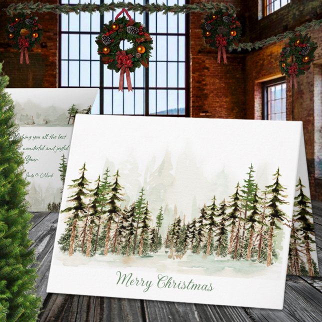 Aguafuerte Navidad Bosque de Pinos (Merry Christmas Woodland Pine Forest Watercolor Holiday Wraparound Graphics Folded Card)