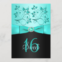 Aguamarina e invitación floral del dulce dieciséis