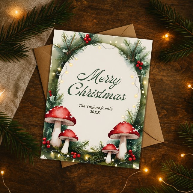 Aguarela Bosque de Hongos Feliz Navidad (Woodland Mushroom Christmas Postcard )