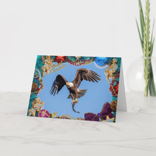Águila calva con tarjeta de Navidades de pescado (Anverso)