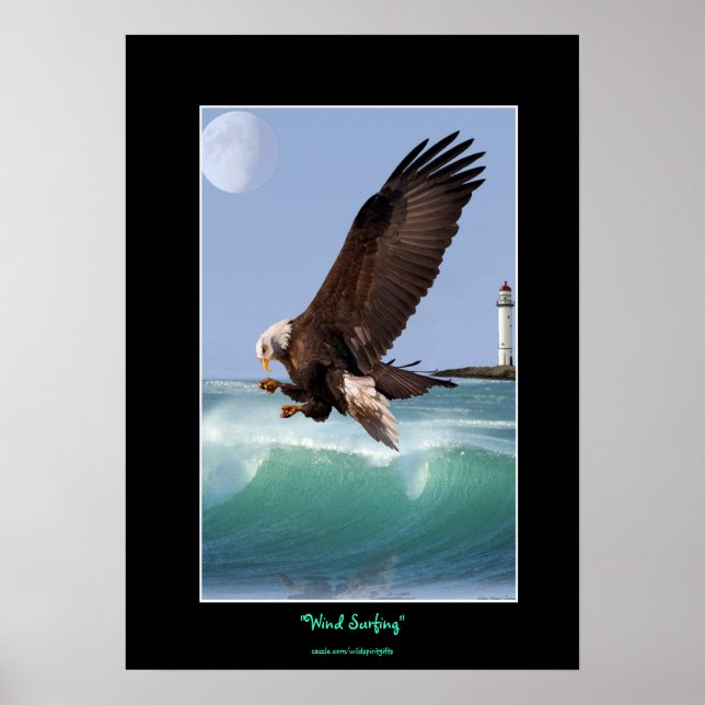 Águila calva, olas y Poster de arte de faro (Frente)