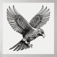 Águila calva volando Arte blanco y negro, alas del
