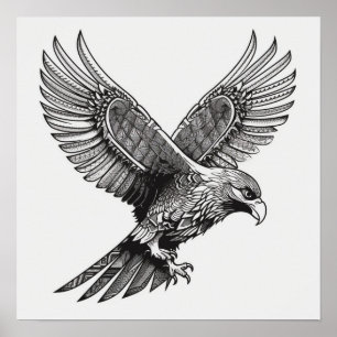 Águila calva volando Arte blanco y negro, alas del