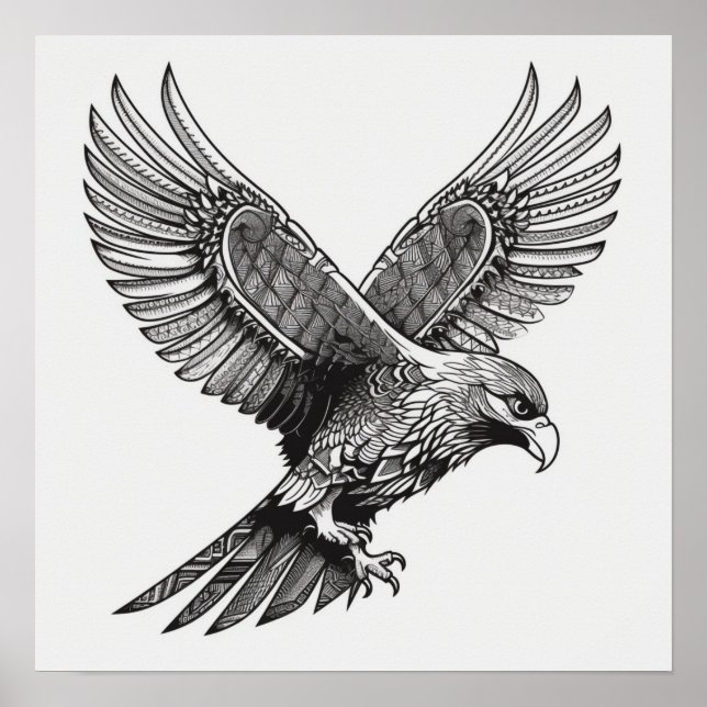Águila calva volando Arte blanco y negro, alas del (Frente)