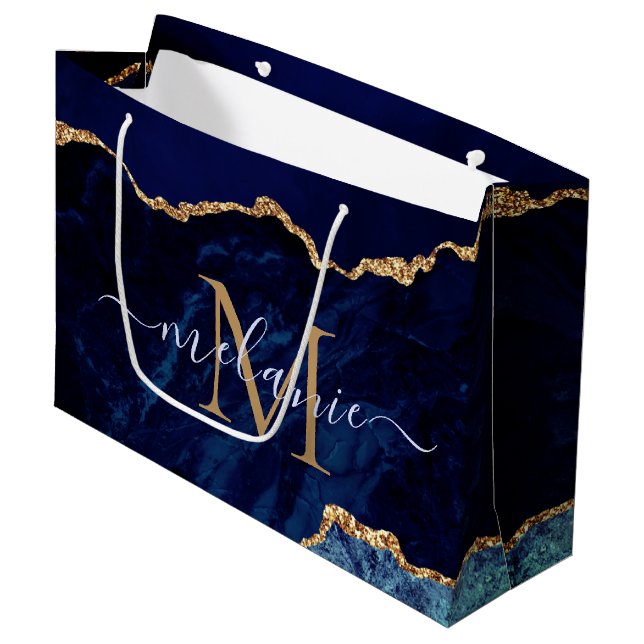 Agy Navy Blue Gold Marble Nombre letra Bolsa de re (Angulo Anverso)