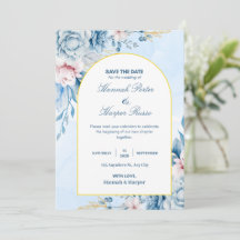 Ahorre la fecha de boda floral acuarela oro azul