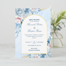 Ahorre la fecha de boda floral acuarela oro azul