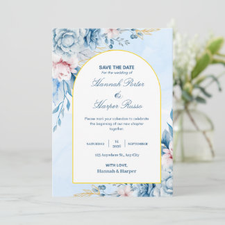 Ahorre la fecha de boda floral acuarela oro azul