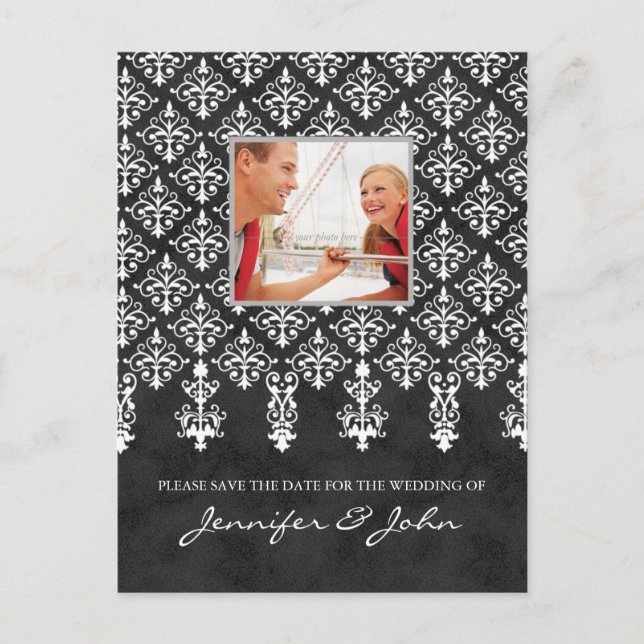 Ahorre la fecha Tarjeta postal Damask Gris Blanco (Anverso)