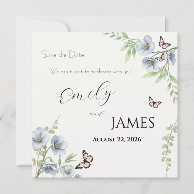 Ahorro de Fecha de Boda Floral Azul (Anverso)