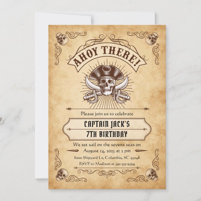 Ahoy Ahí Invitación al cumpleaños del pirata (Anverso)