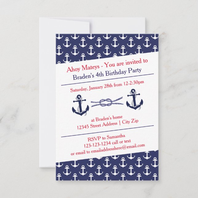 Ahoy Anchors Birthday Party - 3x5 Invitación (Anverso)