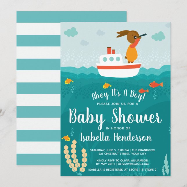 Ahoy Boy Nautical Boat Invitación en Baby Shower (Anverso / Reverso)