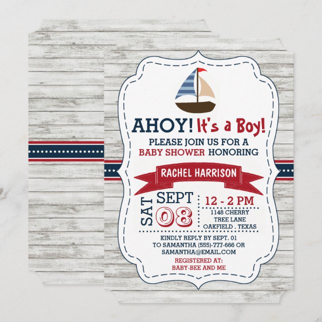 ¡Ahoy es un chico! Invitación a Baby Shower de náu (Anverso / Reverso)