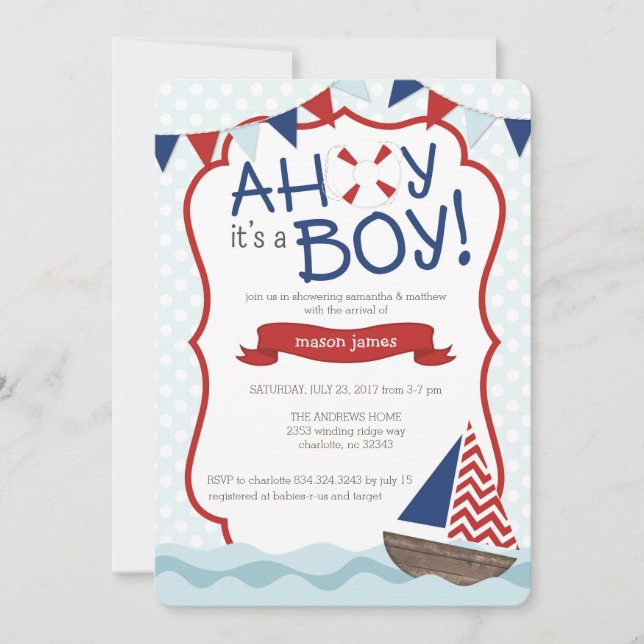 ¡Ahoy es un CHICO! Invitación de Baby Shower (Anverso)