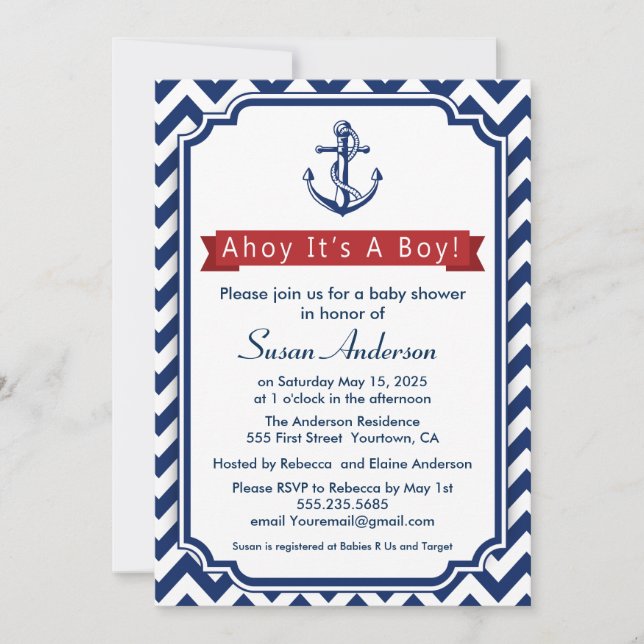¡Ahoy! ¡Es un muchacho! Invitación de Baby Shower (Anverso)