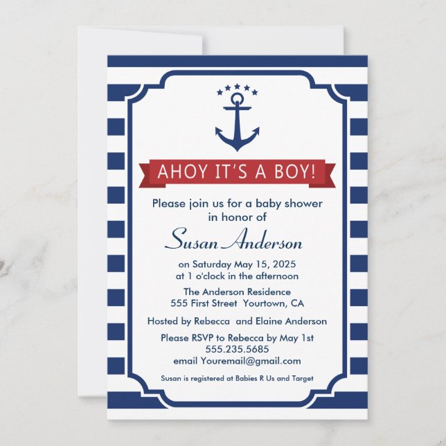 ¡Ahoy! ¡Es un muchacho! Invitación de Baby Shower (Anverso)